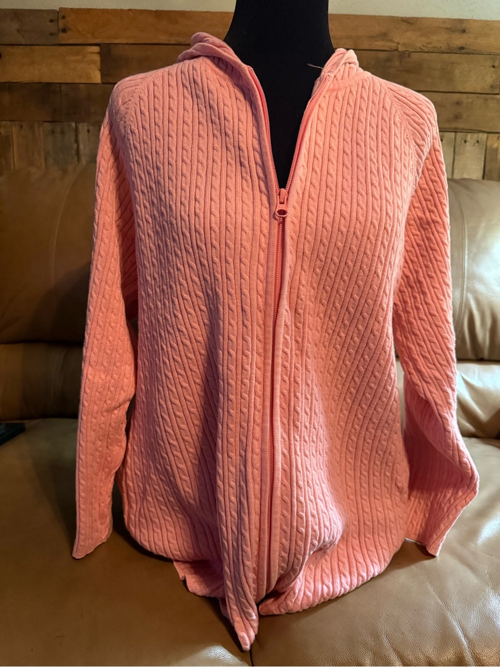 Women's Light Pink Hooded Cable-Knit Zip Sweater